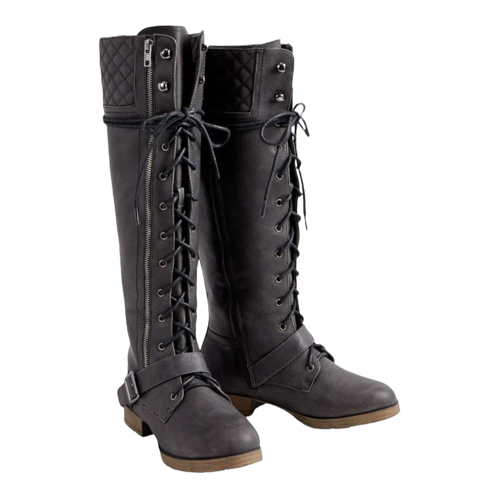 Just Fab Jena Lace-Up Quilted Black Boots 8.5 Tall Riding Moto Combat